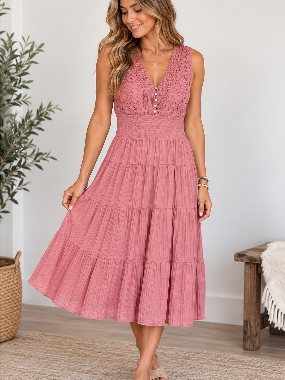 Dusty Rose Boho Crochet Tiered Midi Dress – Size XL